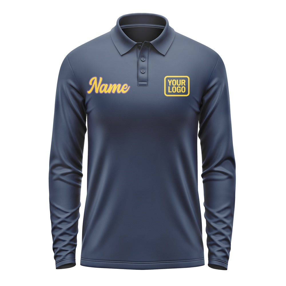 Custom Blue Gold Long Sleeve Polo Shirt