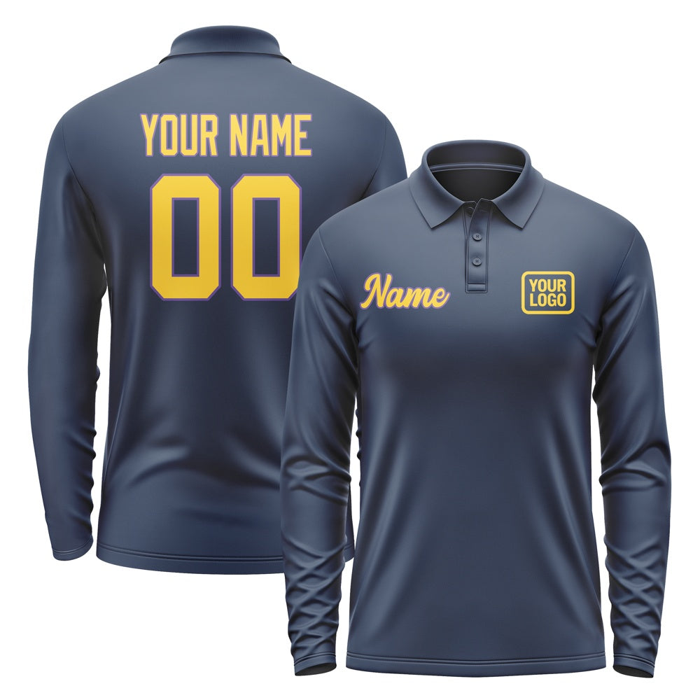 Custom Blue Gold Long Sleeve Polo Shirt