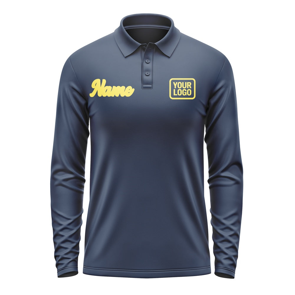 Custom Blue Light Yellow Long Sleeve Polo Shirt