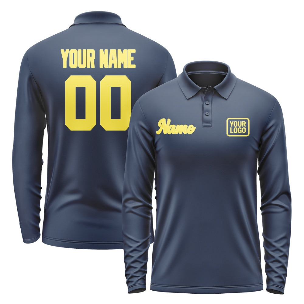 Custom Blue Light Yellow Long Sleeve Polo Shirt