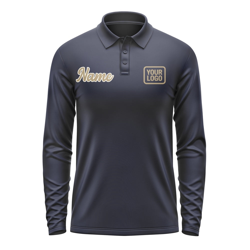 Custom Navy Light Khaki Long Sleeve Polo Shirt