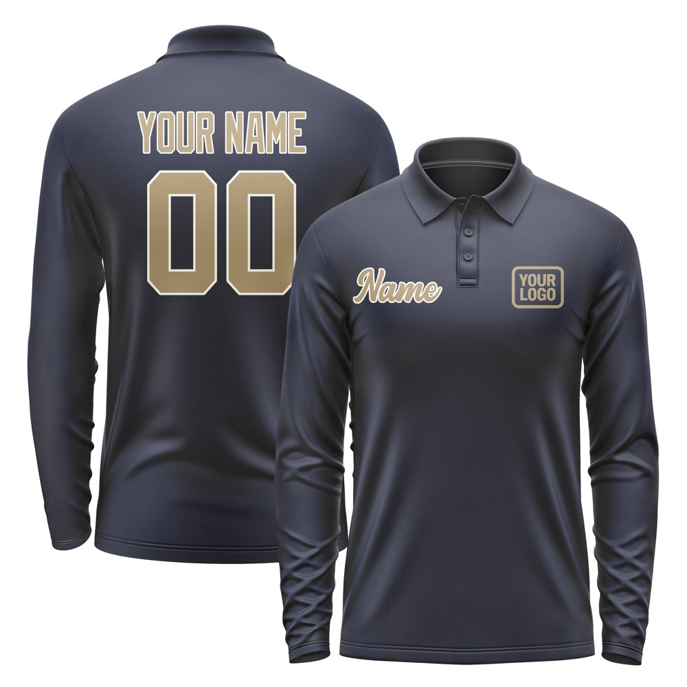 Custom Navy Light Khaki Long Sleeve Polo Shirt