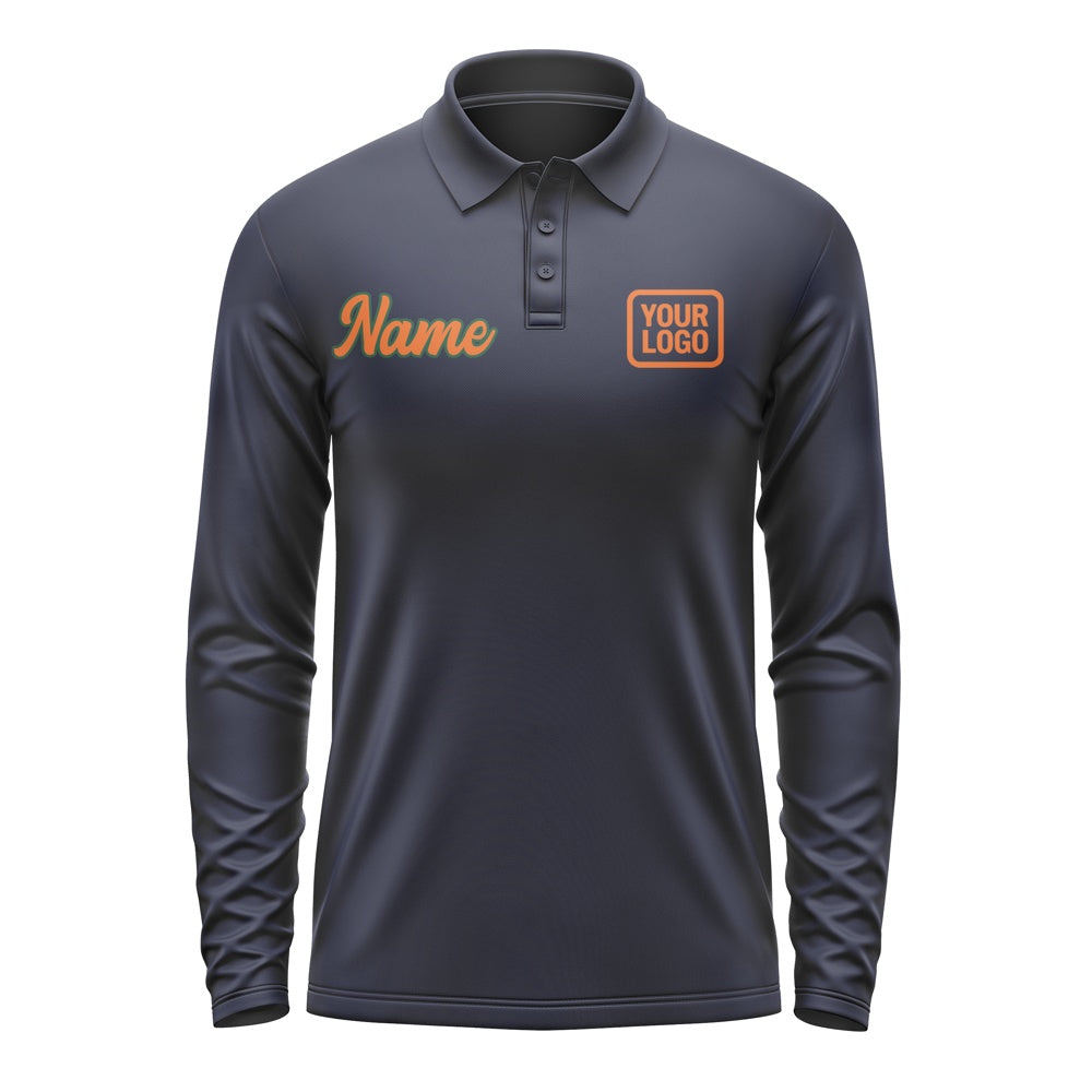 Custom Navy Orange Long Sleeve Polo Shirt