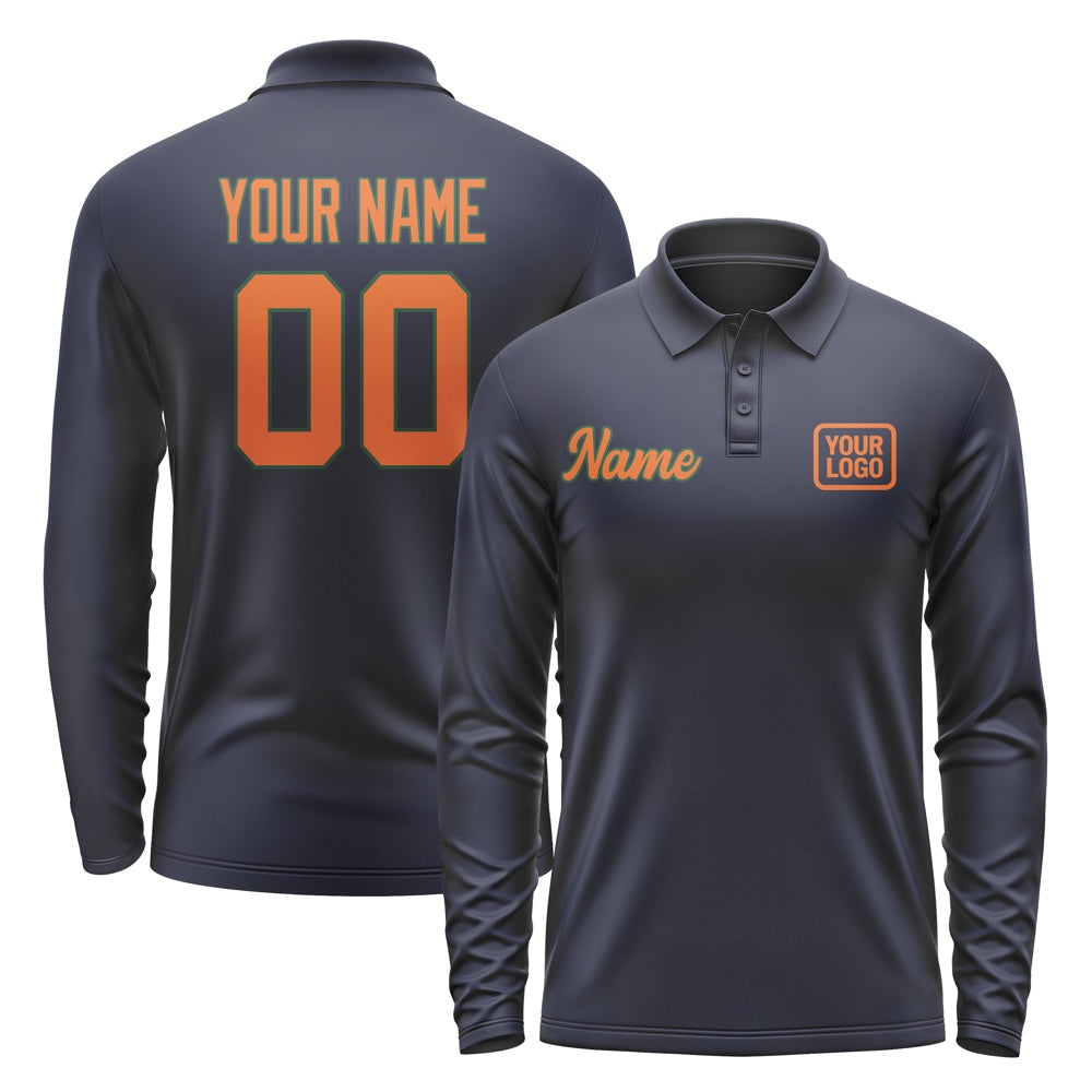 Custom Navy Orange Long Sleeve Polo Shirt