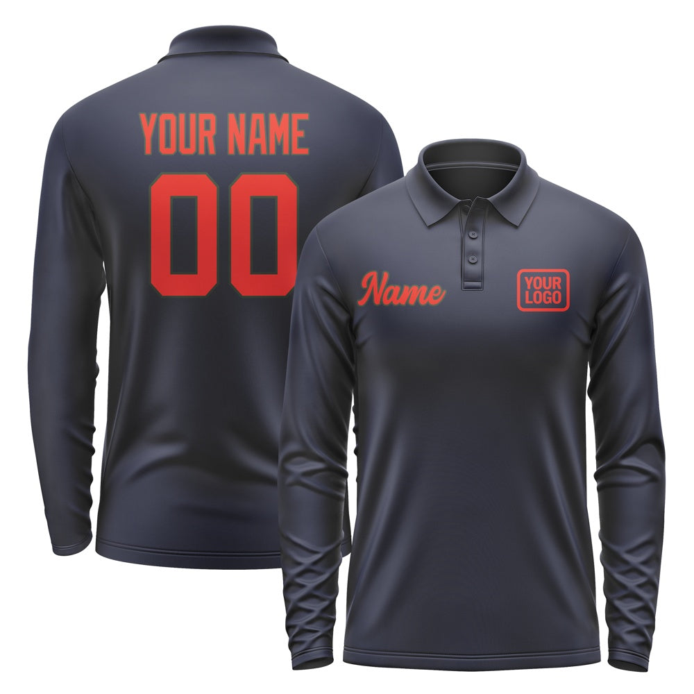 Custom Navy Orange Red Long Sleeve Polo Shirt