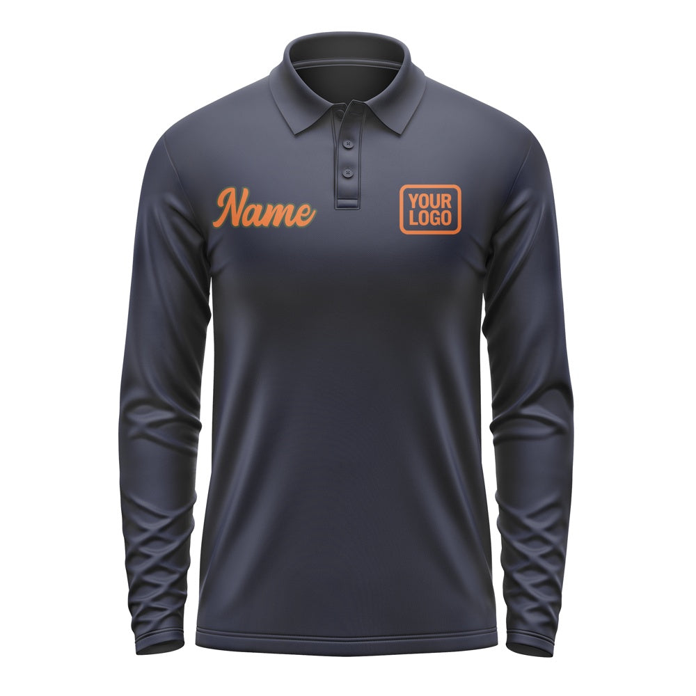Custom Navy Orange Long Sleeve Polo Shirt