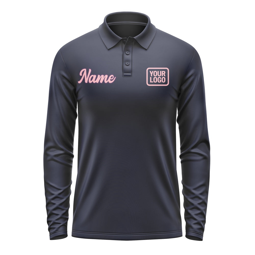 Custom Navy Light Pink Long Sleeve Polo Shirt