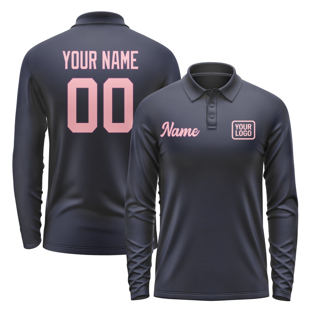 Custom Navy Light Pink Long Sleeve Polo Shirt