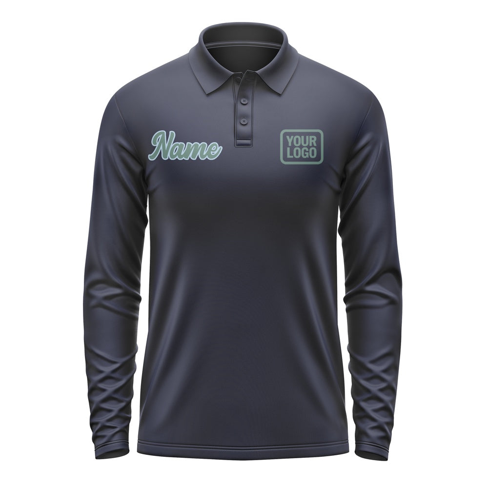 Custom Navy Blue Green Long Sleeve Polo Shirt