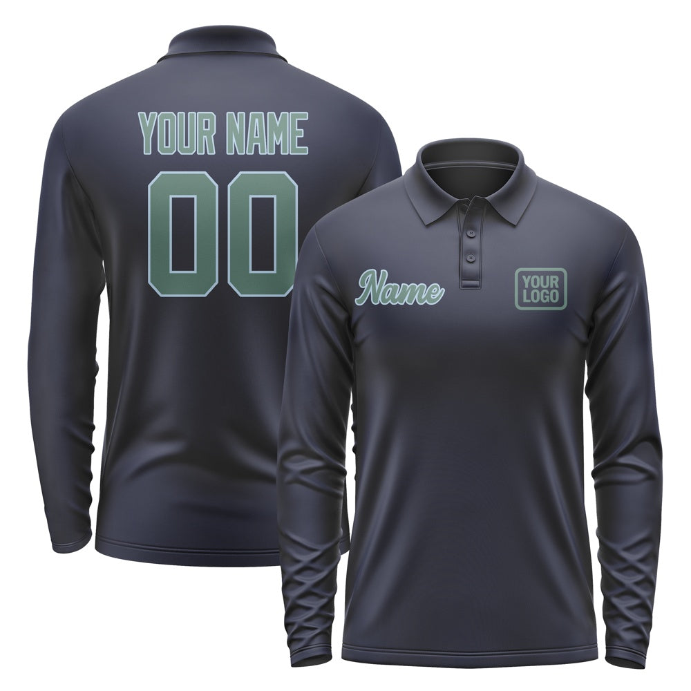 Custom Navy Blue Green Long Sleeve Polo Shirt