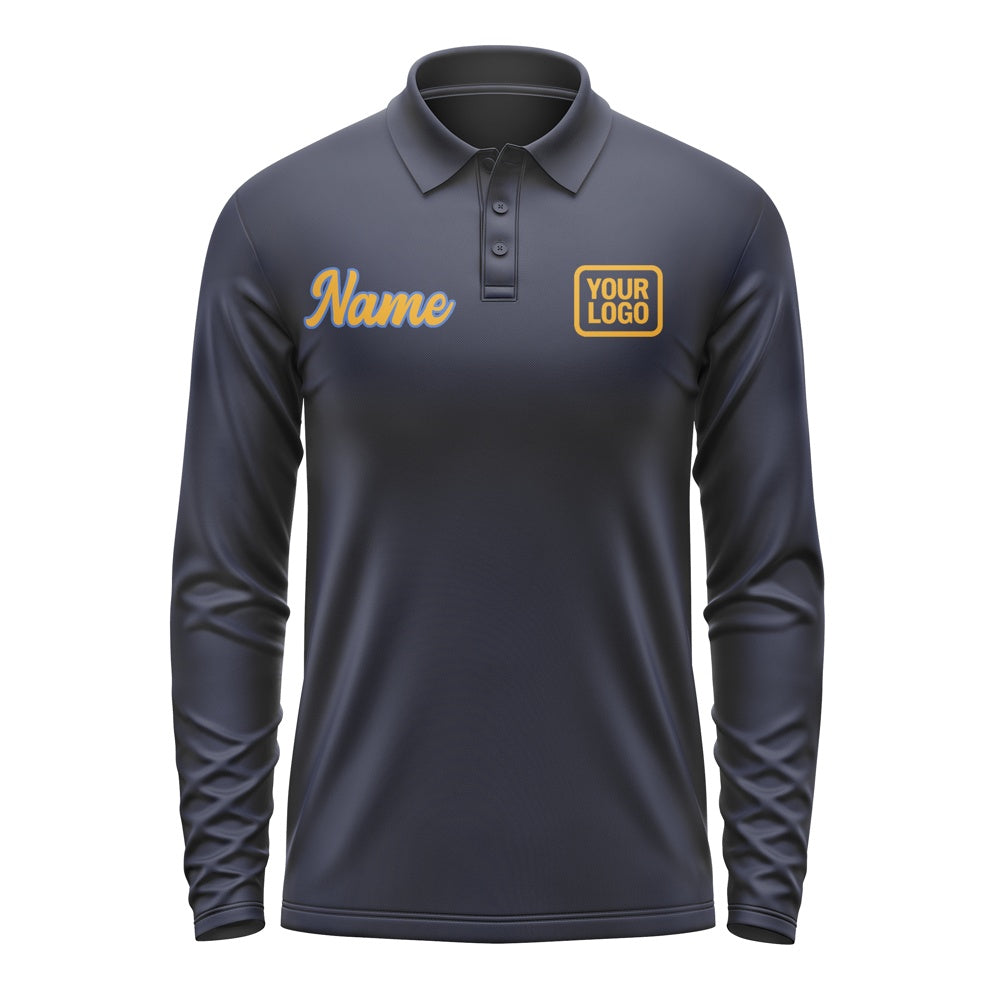 Custom Navy Yellow Long Sleeve Polo Shirt