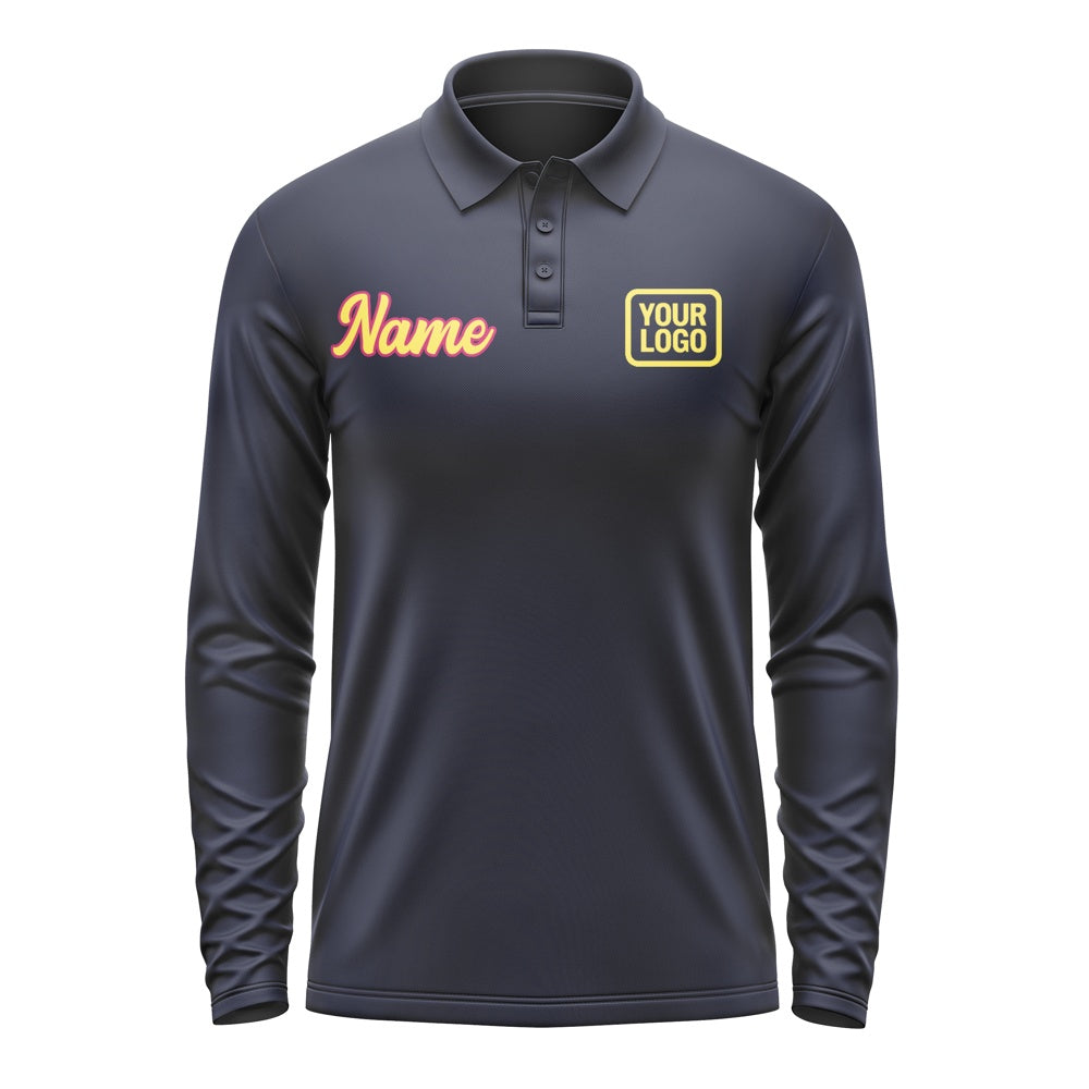 Custom Navy Light Yellow Long Sleeve Polo Shirt