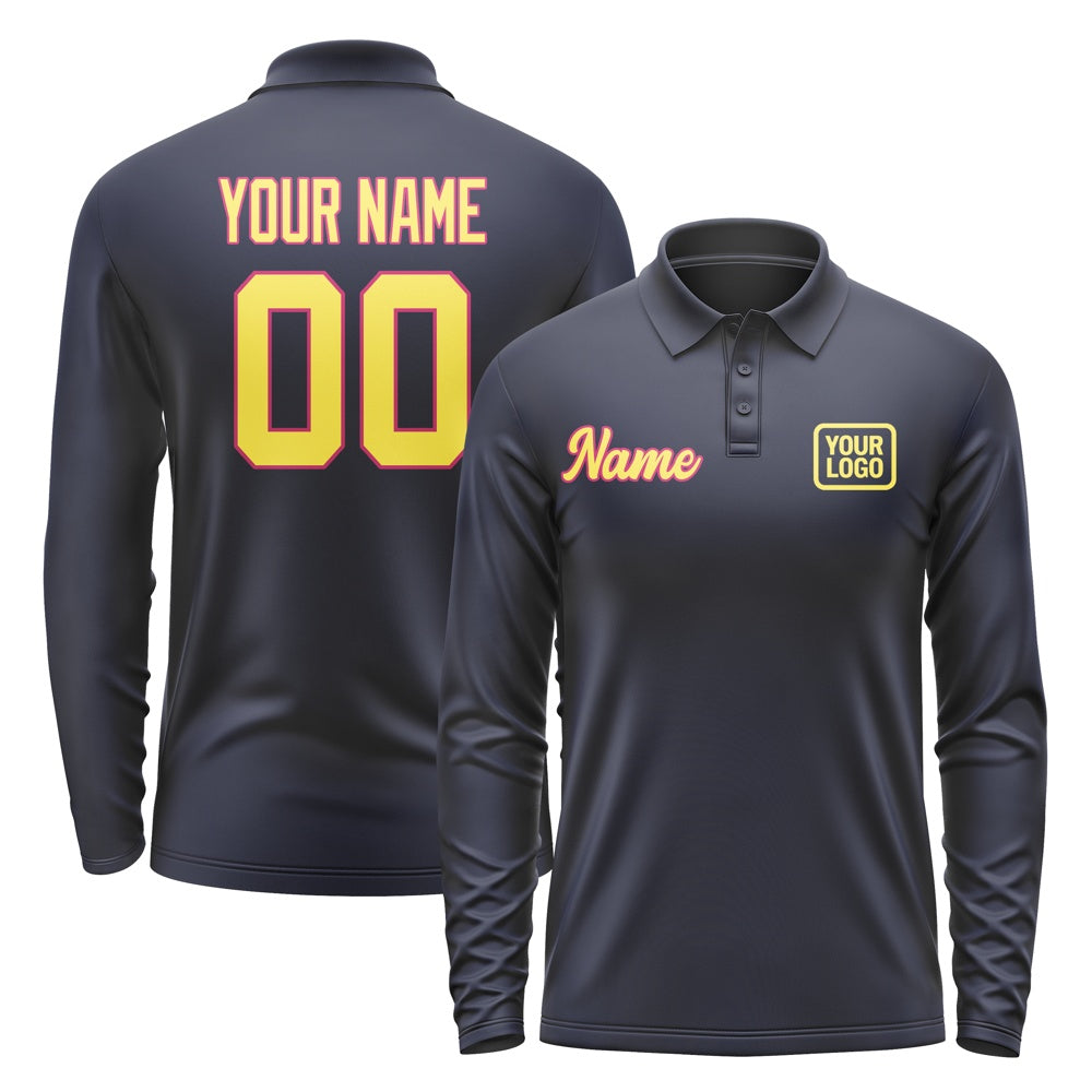Custom Navy Light Yellow Long Sleeve Polo Shirt