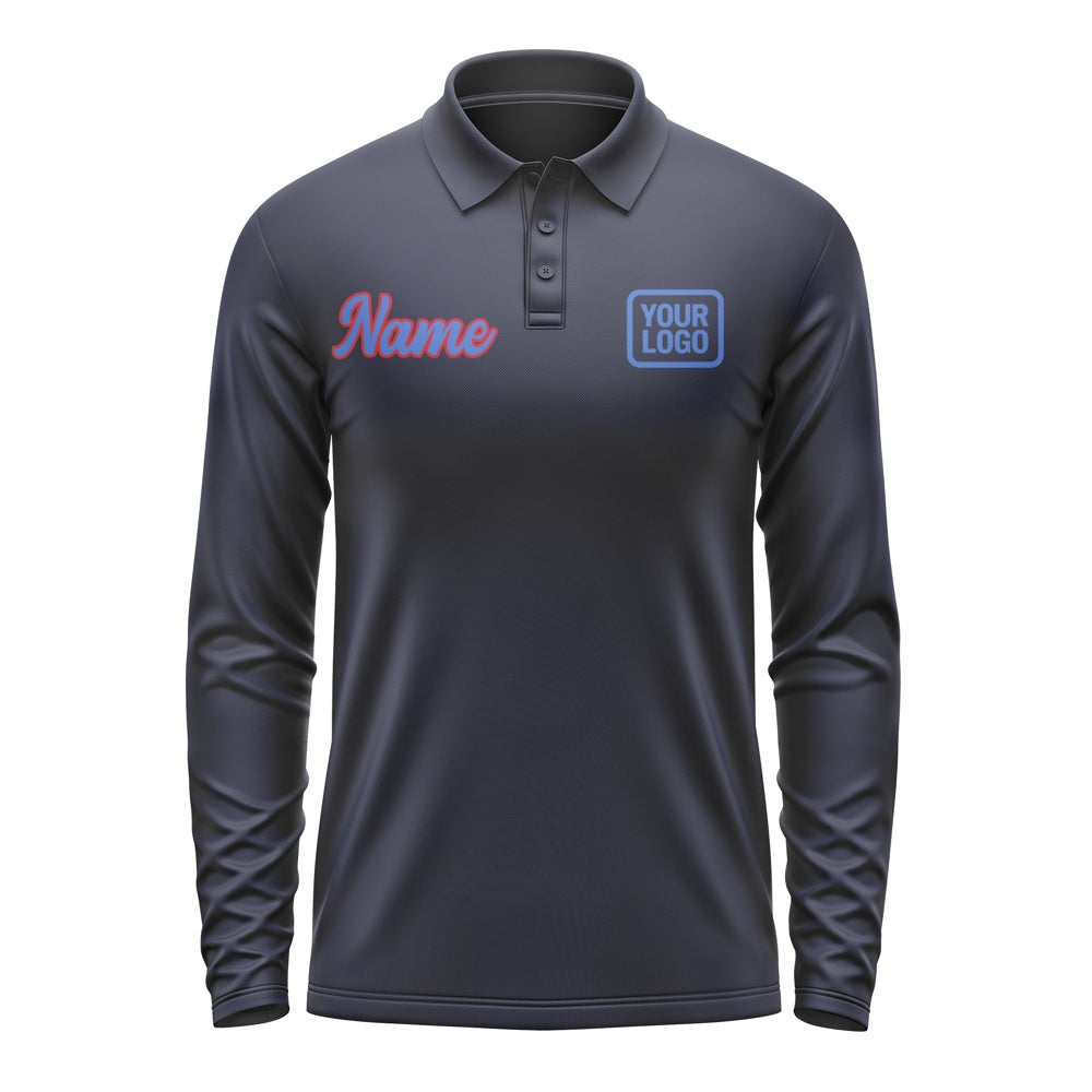Custom Navy Sky Blue Long Sleeve Polo Shirt