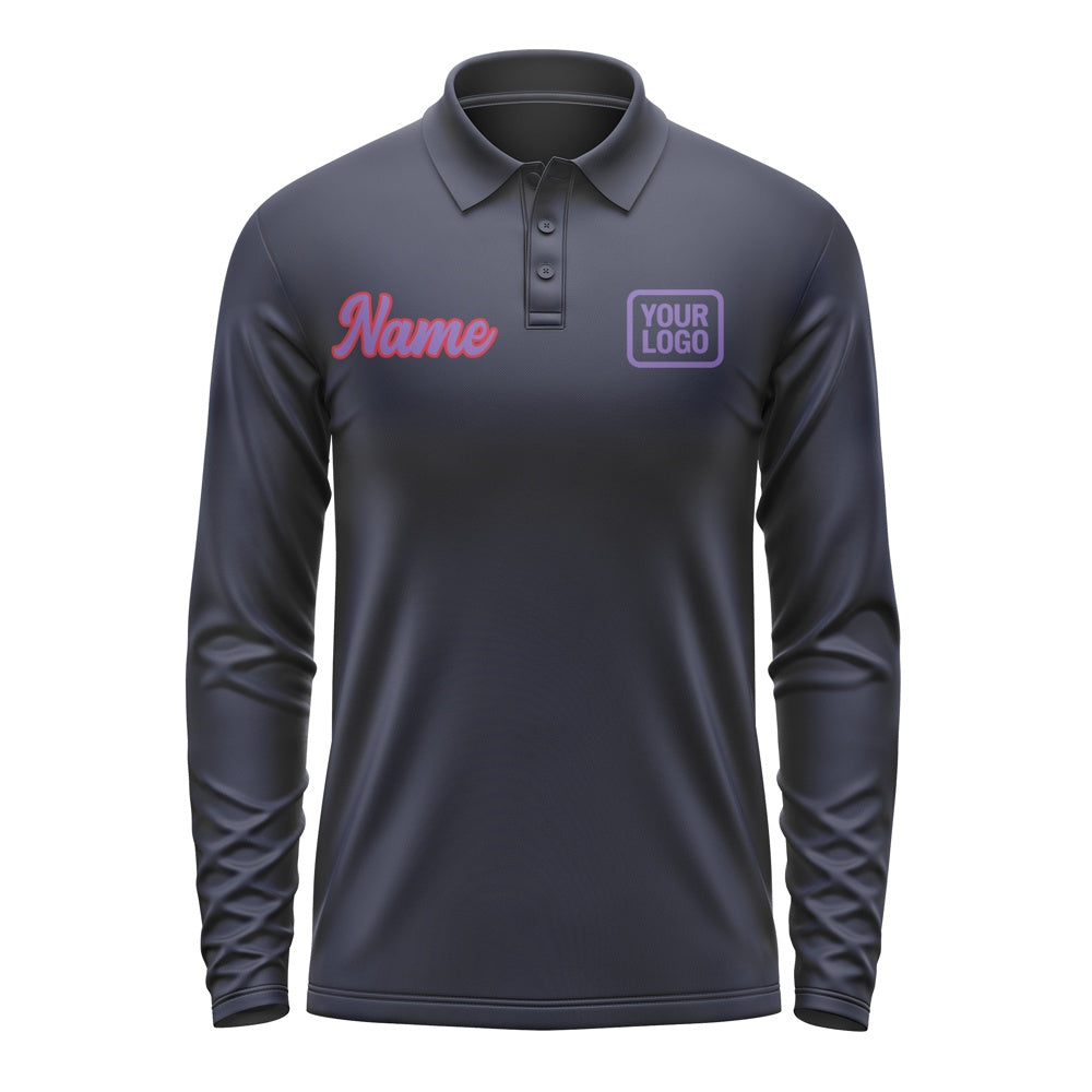 Custom Navy Light Purple Long Sleeve Polo Shirt