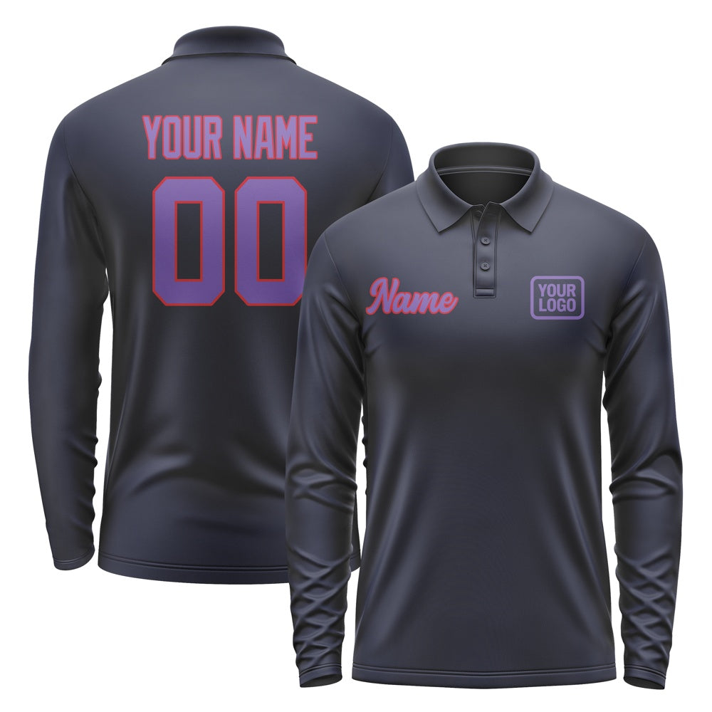 Custom Navy Light Purple Long Sleeve Polo Shirt