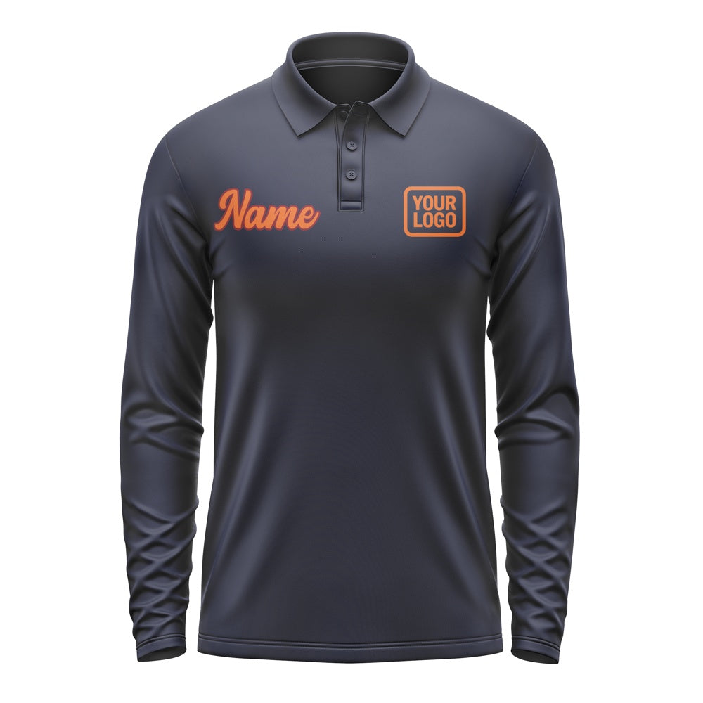 Custom Navy Orange Long Sleeve Polo Shirt