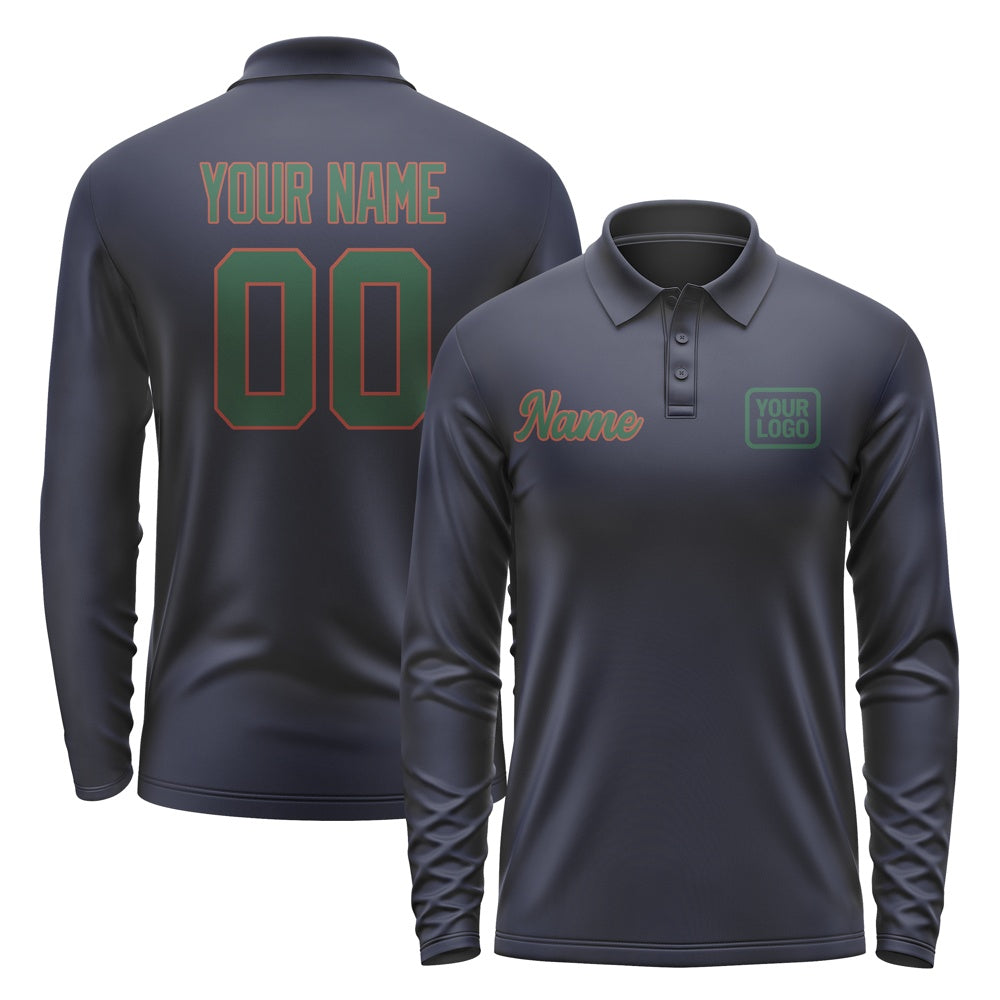 Custom Navy Green Long Sleeve Polo Shirt