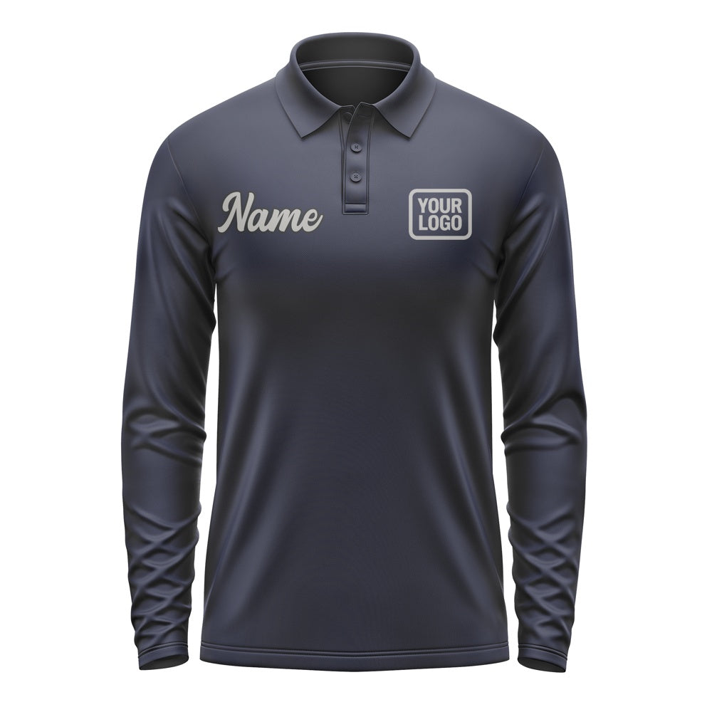 Custom Navy Gray Long Sleeve Polo Shirt