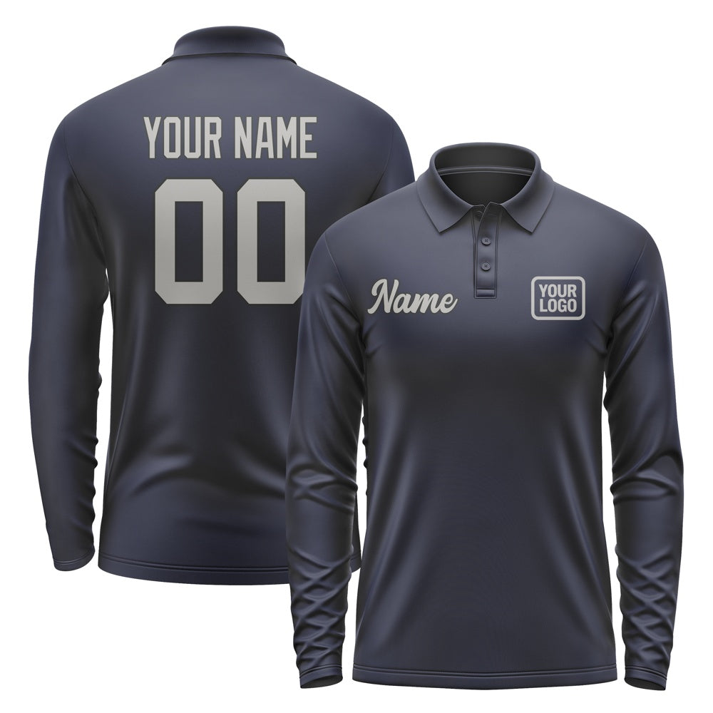 Custom Navy Gray Long Sleeve Polo Shirt