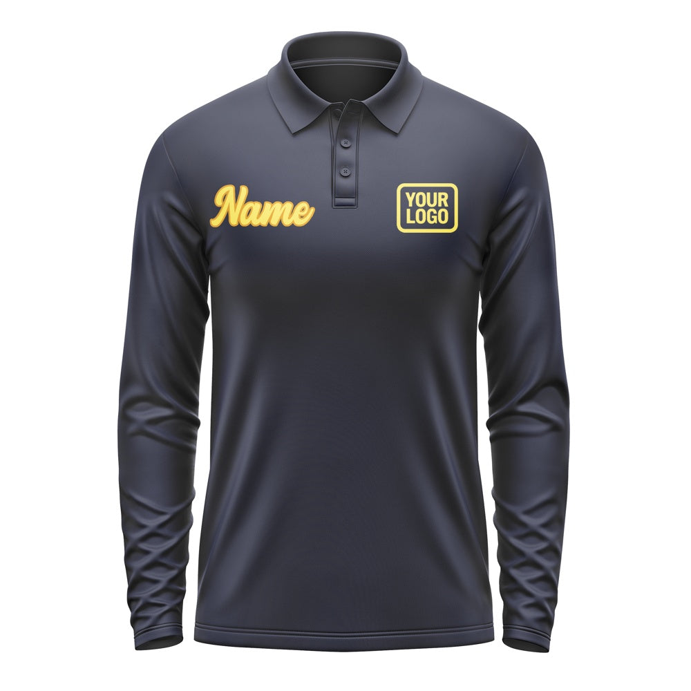 Custom Navy Light Yellow Long Sleeve Polo Shirt