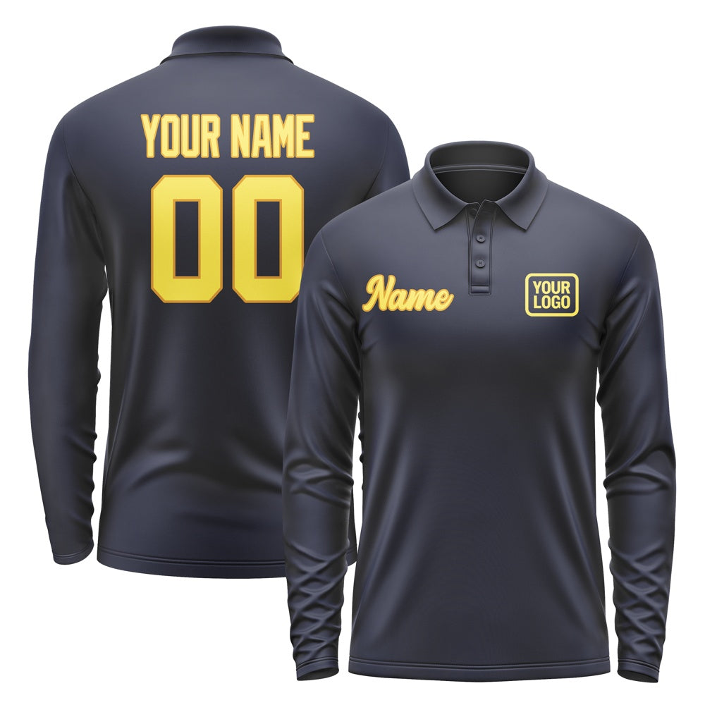Custom Navy Light Yellow Long Sleeve Polo Shirt