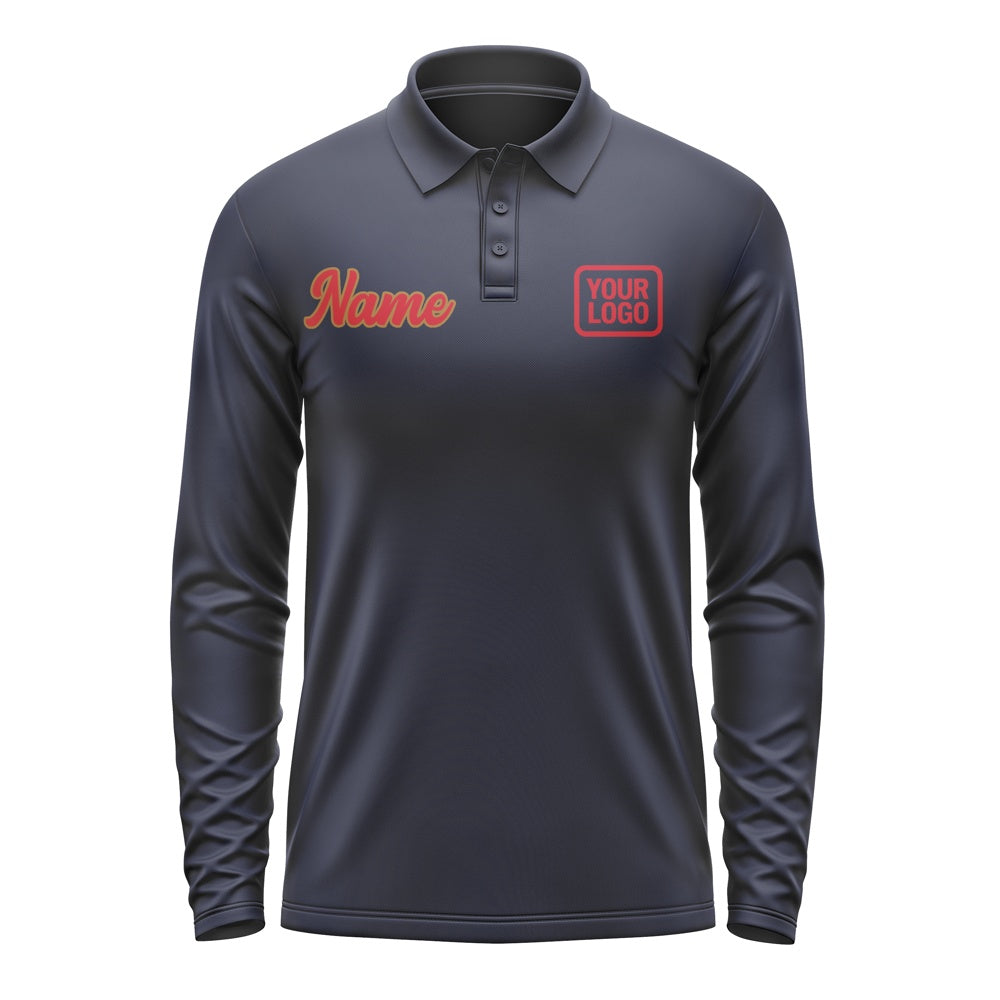Custom Navy Red Long Sleeve Polo Shirt
