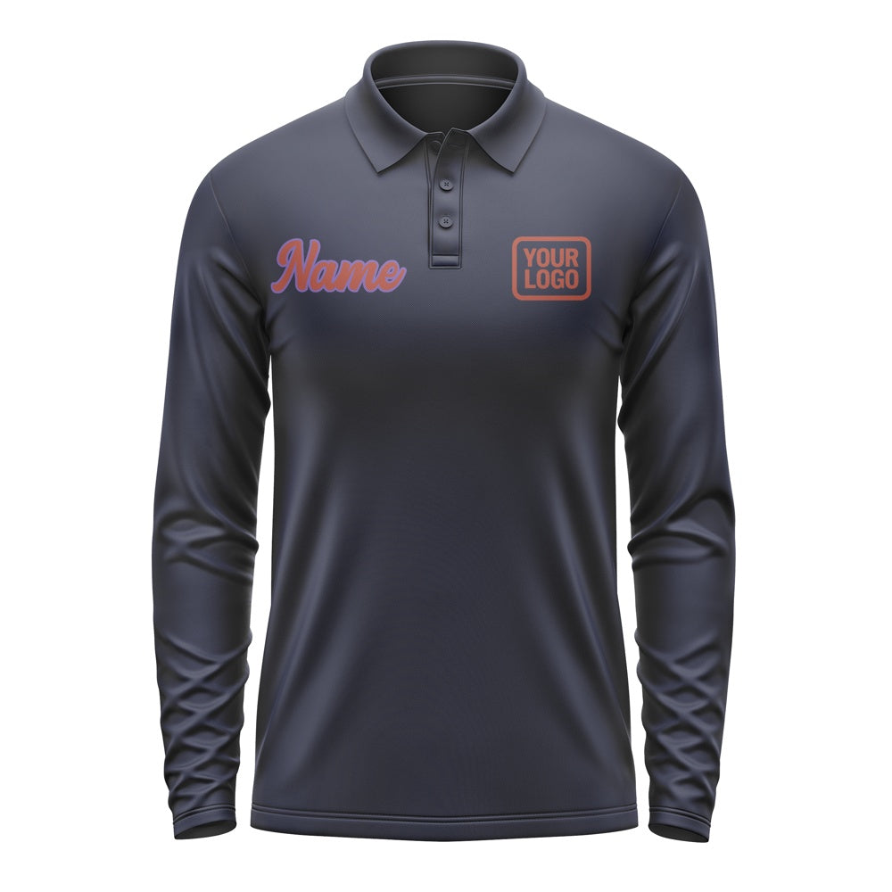 Custom Navy Coral Red Long Sleeve Polo Shirt