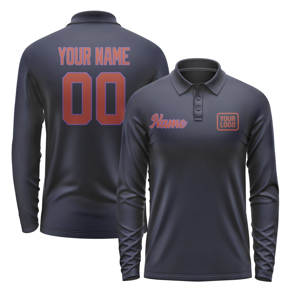 Custom Navy Coral Red Long Sleeve Polo Shirt