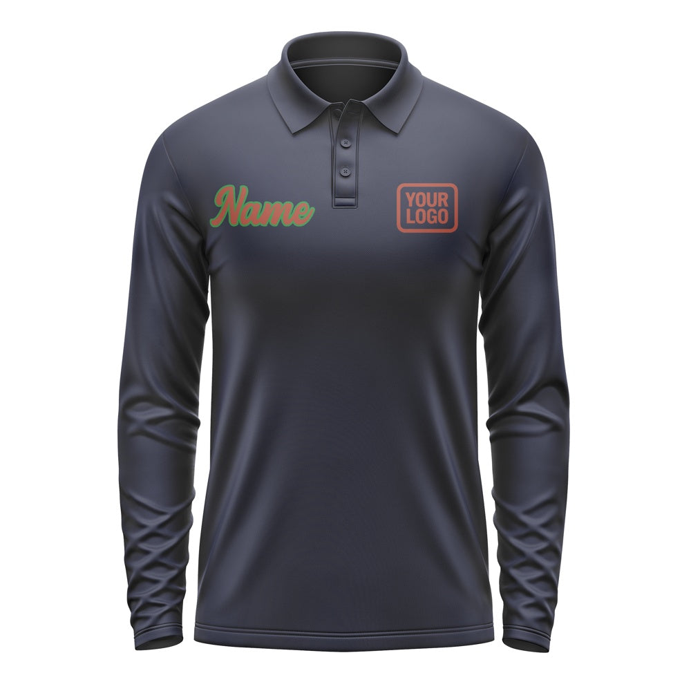 Custom Navy Coral Red Long Sleeve Polo Shirt
