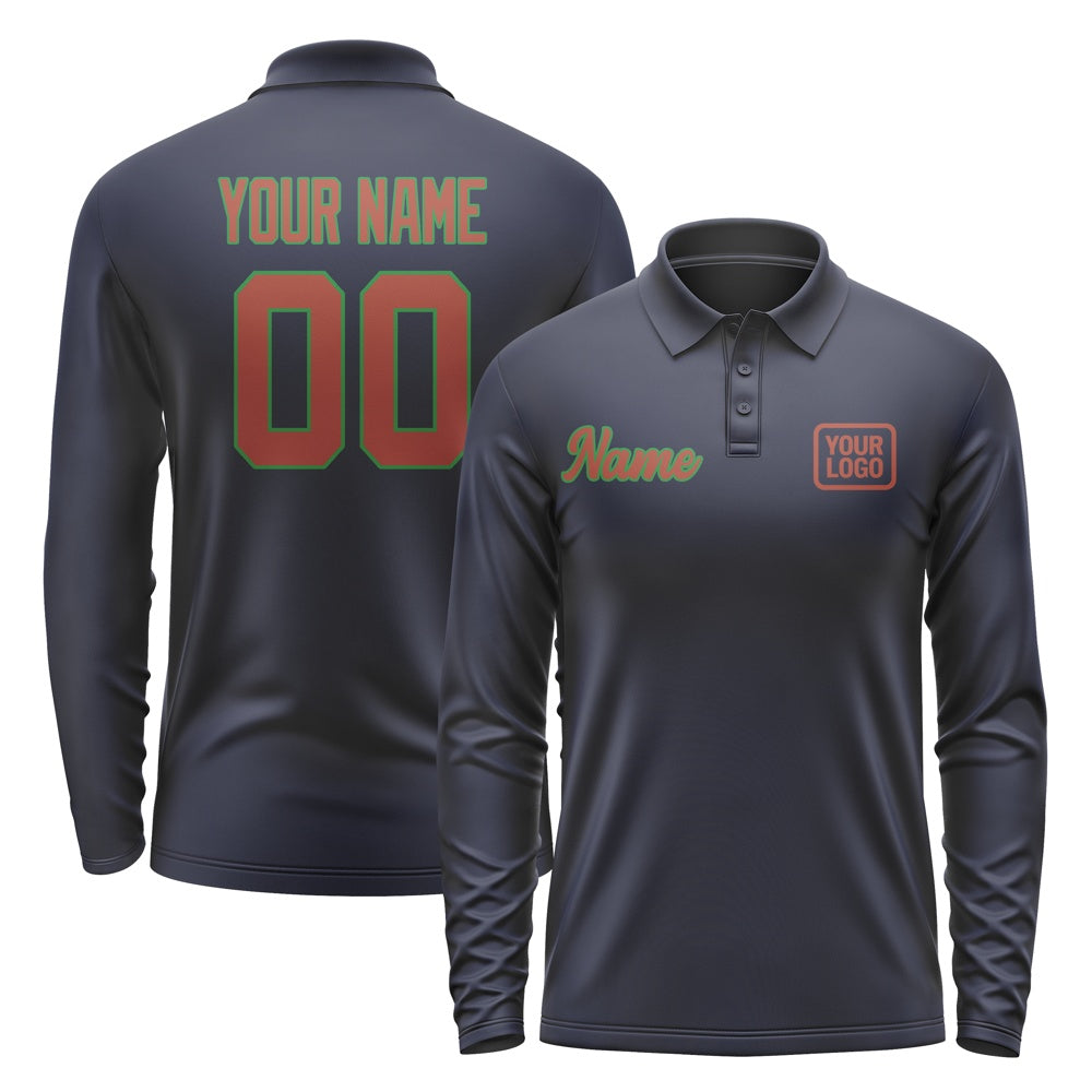 Custom Navy Coral Red Long Sleeve Polo Shirt