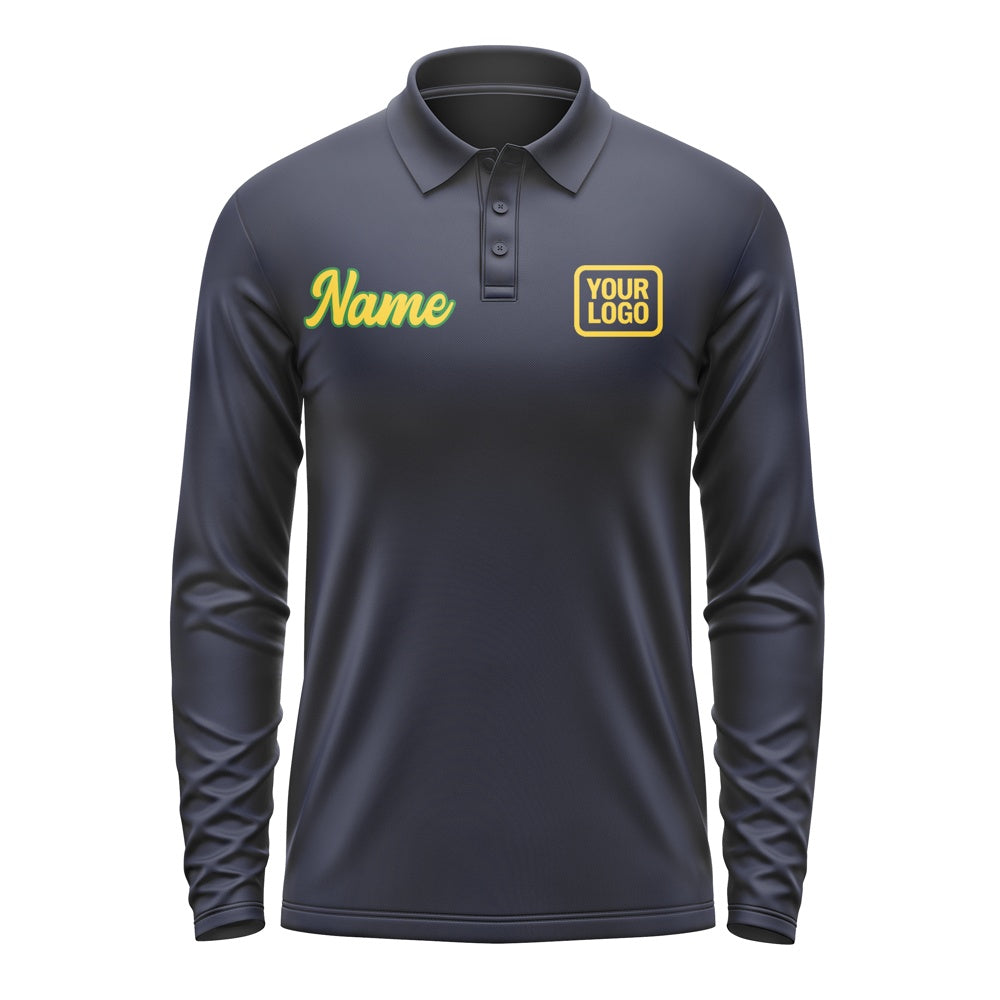 Custom Navy Gold Long Sleeve Polo Shirt