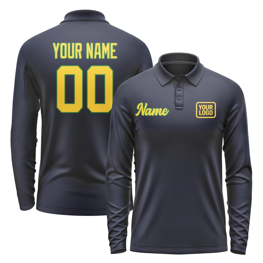 Custom Navy Gold Long Sleeve Polo Shirt