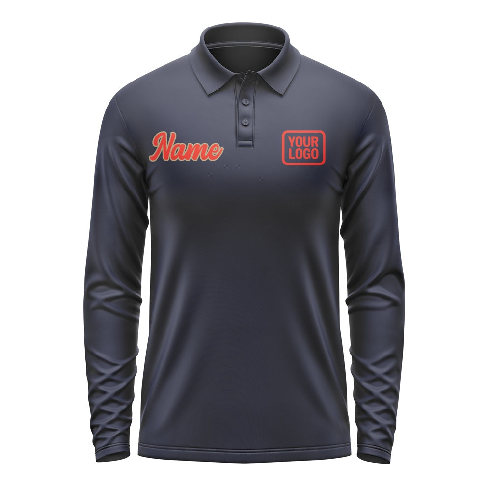 Custom Navy Orange Red Long Sleeve Polo Shirt