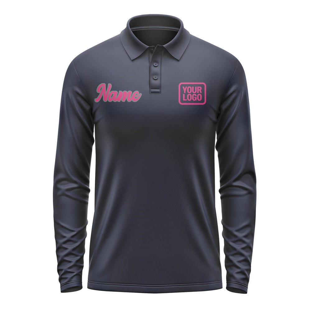 Custom Navy Pink Long Sleeve Polo Shirt
