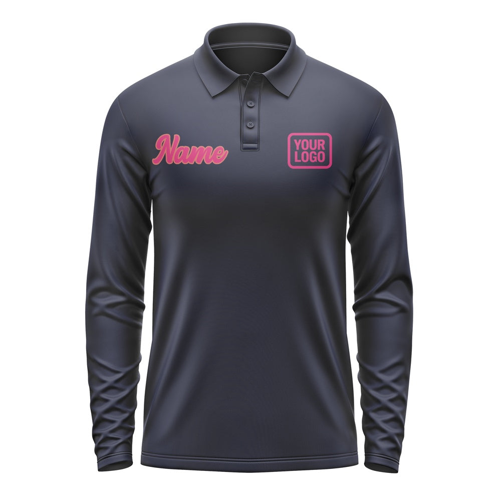 Custom Navy Pink Long Sleeve Polo Shirt