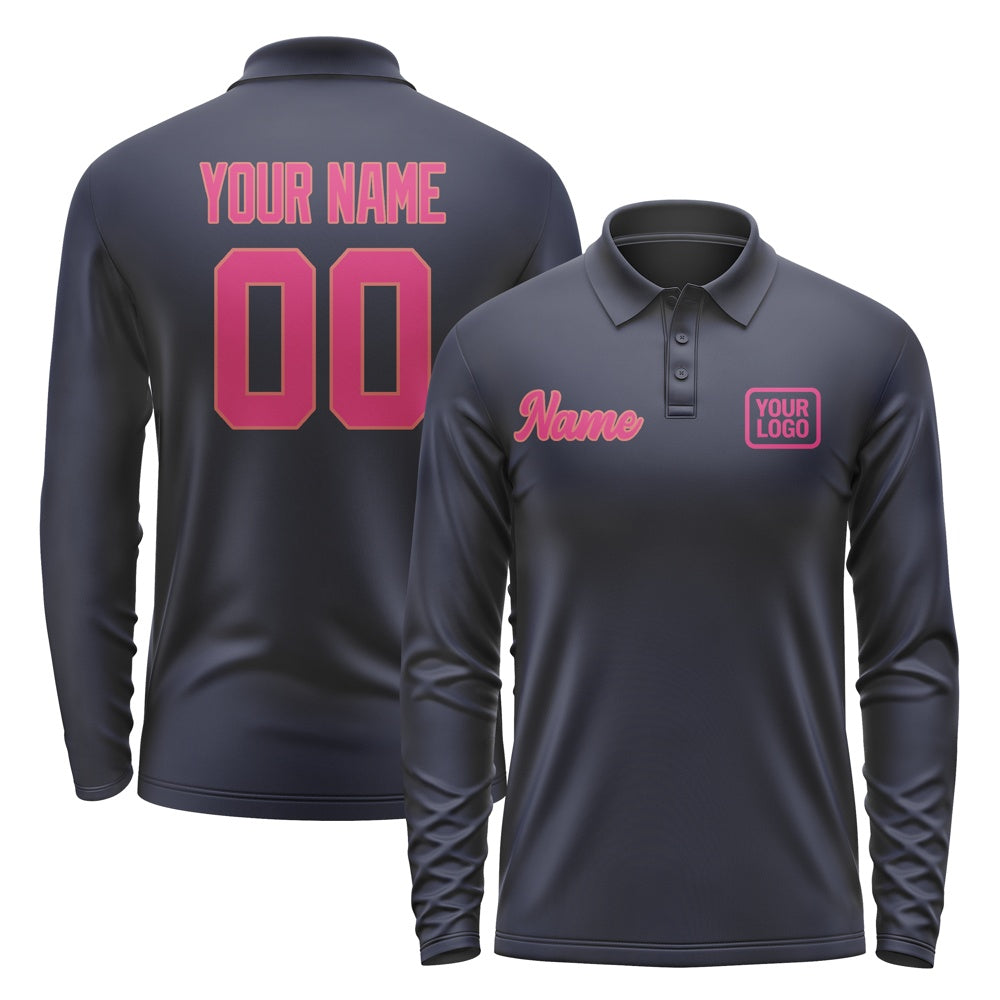 Custom Navy Pink Long Sleeve Polo Shirt