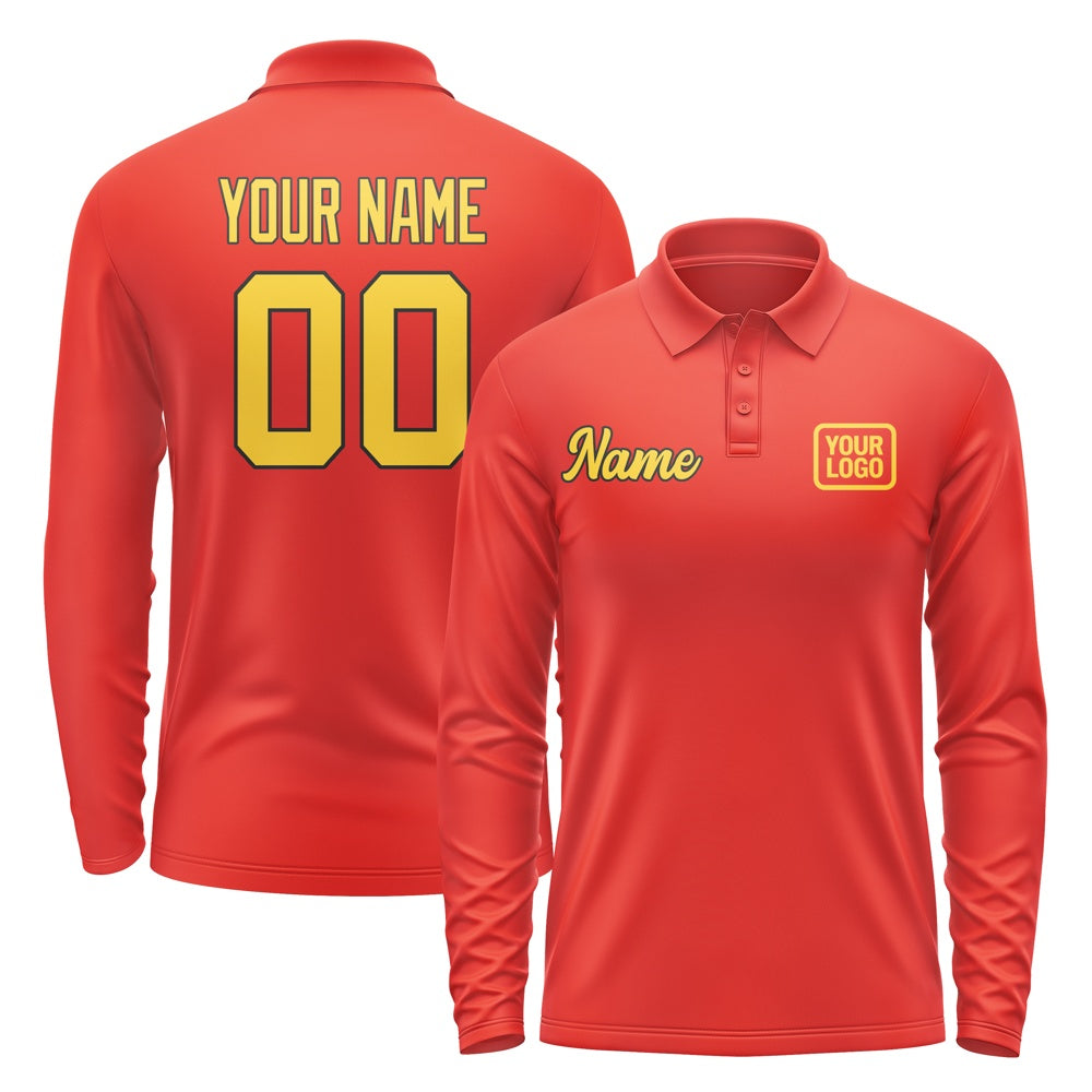 Custom Orange Red Gold Long Sleeve Polo Shirt