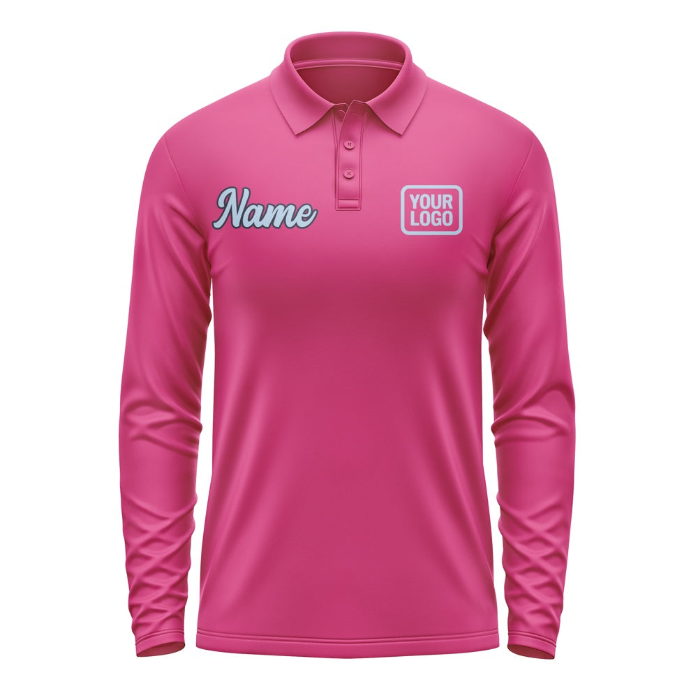 Custom Pink Light Blue Long Sleeve Polo Shirt