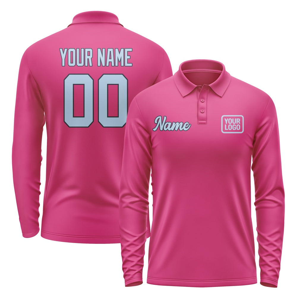 Custom Pink Light Blue Long Sleeve Polo Shirt