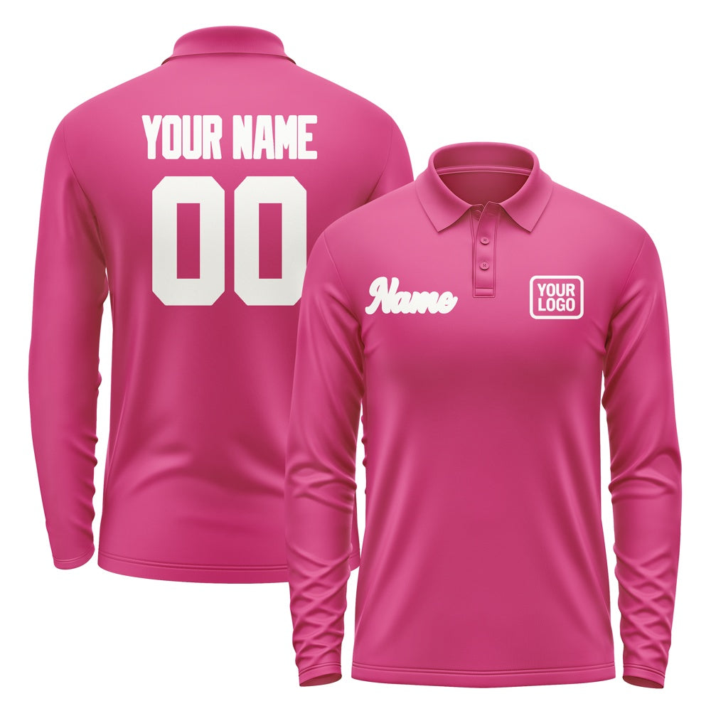 Custom Pink White Long Sleeve Polo Shirt