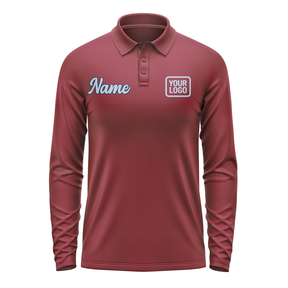 Custom Crimson Red Light Blue Long Sleeve Polo Shirt