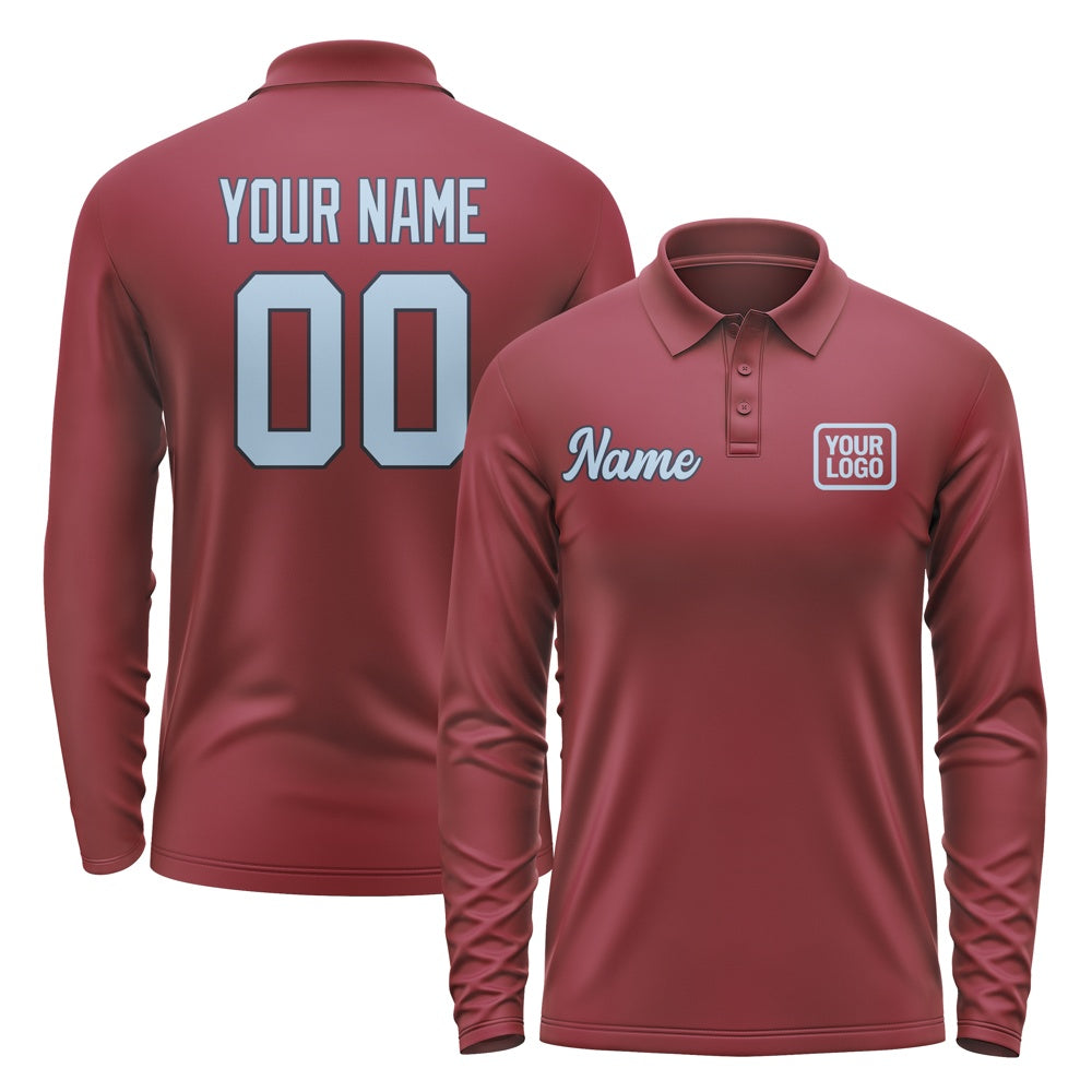 Custom Crimson Red Light Blue Long Sleeve Polo Shirt