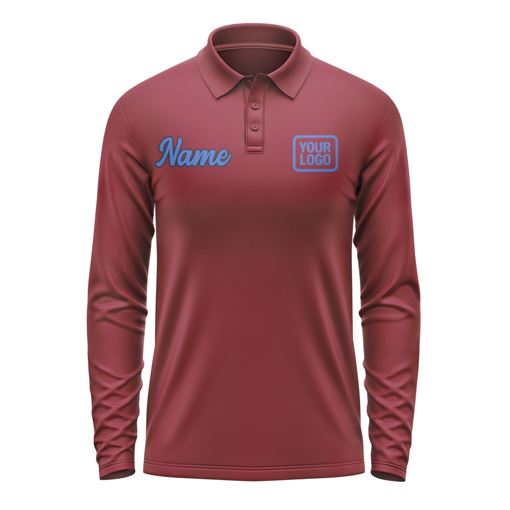 Custom Crimson Red Sky Blue Long Sleeve Polo Shirt