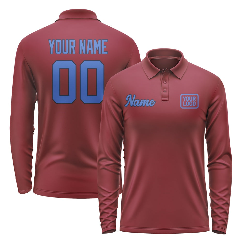Custom Crimson Red Sky Blue Long Sleeve Polo Shirt