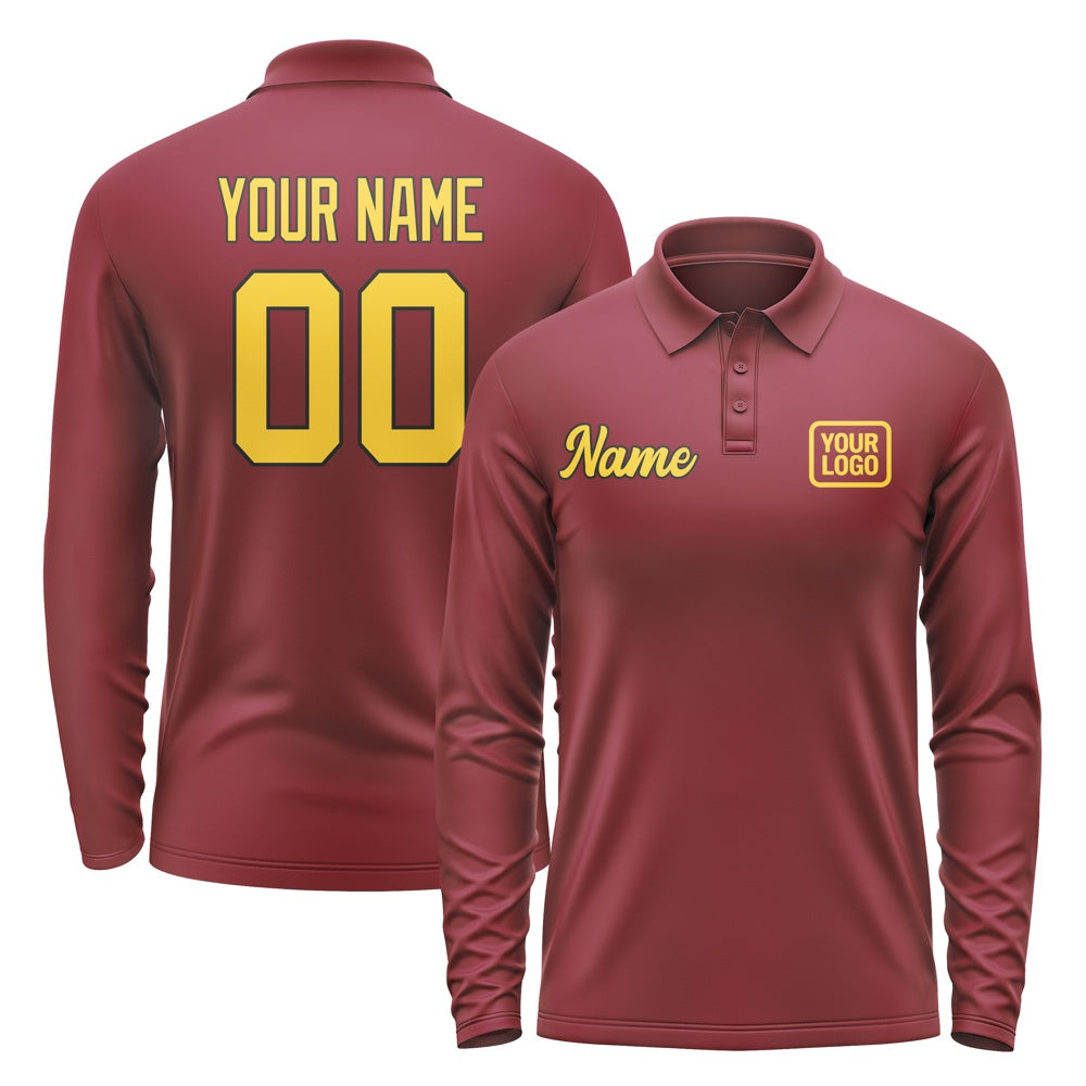 Custom Crimson Red Gold Long Sleeve Polo Shirt