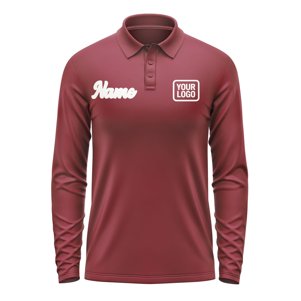 Custom Crimson Red White Long Sleeve Polo Shirt