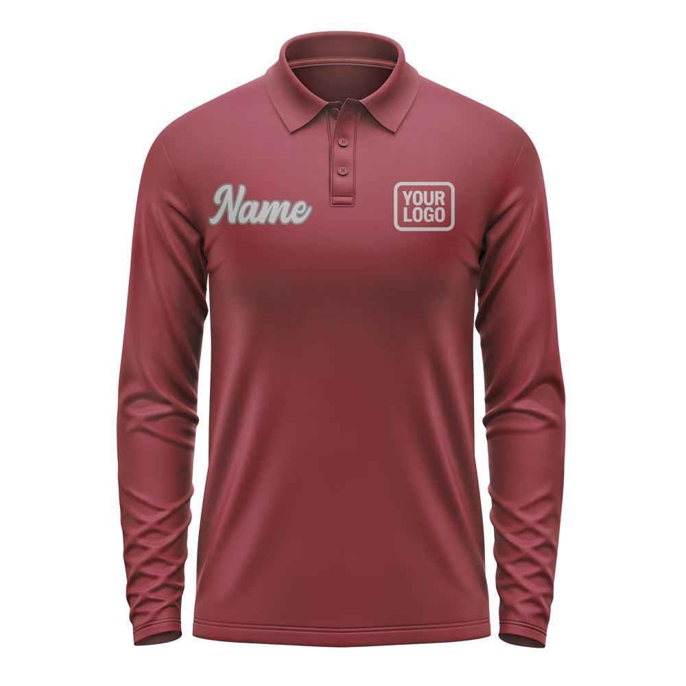 Custom Crimson Red Gray Long Sleeve Polo Shirt