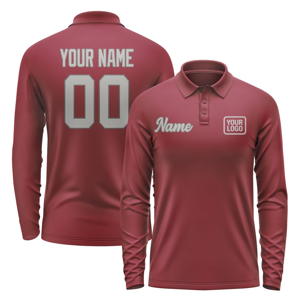 Custom Crimson Red Gray Long Sleeve Polo Shirt