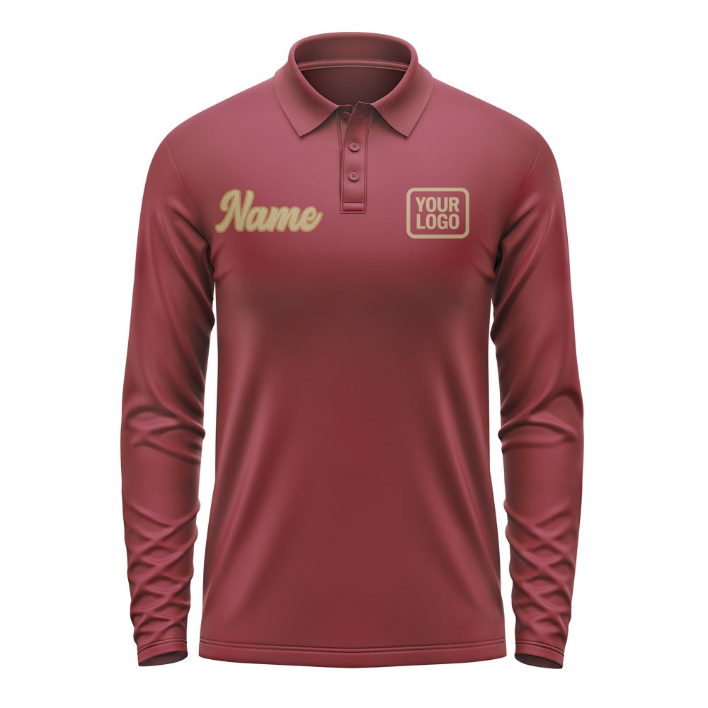 Custom Crimson Red Light Khaki Long Sleeve Polo Shirt